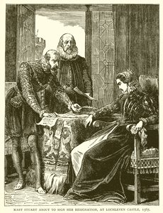 Mary Stuart tekent haar Ontslag, in Kasteel Lochleven, 1567 door English School