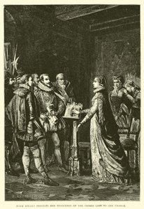 Maria Stuart protesteert haar onschuld van de beschuldigingen door English School