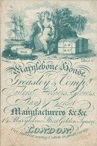 Marylebone House, Greasley & Co, kleermakers, hosiers, handschoenmakers, korsetfabrikanten, 14 Marylebone Street, Golden Square, handelskaart door English School