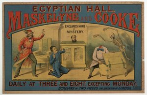 Maskelyne & Cooke in de Egyptische Hal ca.1880 (kleur litho) door English School