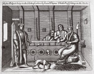 Meester Philpots in het Colehouse, waar hij Thomas Whittle, priester, in de boeien vond, illustratie uit Handelingen en Monumenten van John Foxe, negende editie, uitgegeven 1684