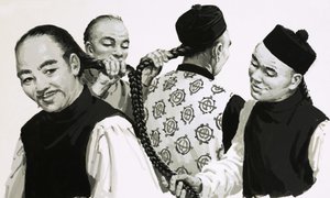 Het meten van de vlechten van het haar van een Chinees