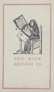 Middeleeuwse schrijver die aan een manuscript werkt, boekbezitlabel (kleur litho) door English School