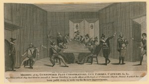 Bijeenkomst van de samenzweerders van het Buskruitcomplot, Guy Fawkes, Catesby, enz.