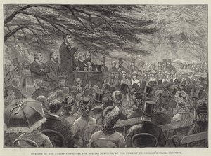 Vergadering van het verenigde comité voor speciale diensten, in de villa van de hertog van Devonshire, Chiswick (gravure) door English School