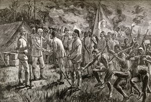 Mehmet Emin Pasha en Gaetano Casati arriveren bij het kamp van Sir Henry Morton Stanley aan de oever van het Albertmeer in 1889 door English School