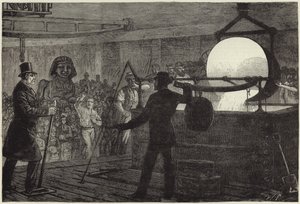 Het smelten van het metaal voor de bronzen sfinx die op de oever van de Theems wordt geplaatst (gravure)