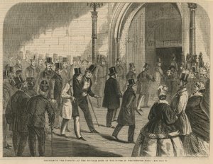 Leden van het Lagerhuis bij de privéd deur van het Huis in Westminster Hall door English School