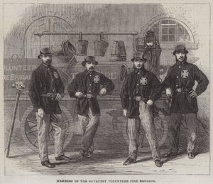 Leden van de Coventry Vrijwillige Brandweer (gravure) door English School