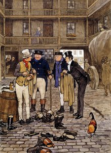 Leden van de Pickwick club ontmoeten Sam Willer Illustratie van de werken van Charles Dickens (1812-1870) uit de Engelse school. 1837 Privécollectie door English School