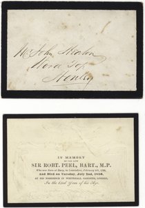 Herdenkingskaart ter nagedachtenis aan wijlen Sir Robert Peel