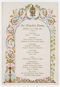 Menu voor het diner van koningin Victoria op maandag 21 juni 1897, de dag voor haar diamanten jubileum door English School