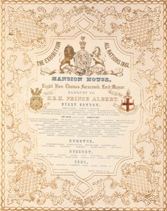 Menu van banket voor Prins Albert in het Mansion House, ter gelegenheid van de Grote Tentoonstelling van Alle Naties, Londen, 1851