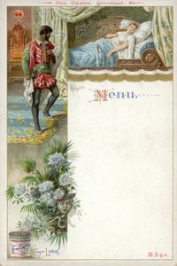 Menu met een scène uit Othello en een advertentie voor Liebigs Vleesextract door English School