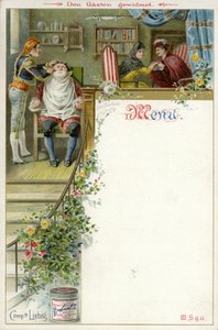 Menu met een scène uit De Barbier van Sevilla en een advertentie voor Liebigs Vleesextract door English School