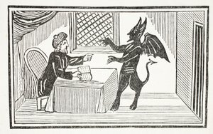 Mephistopheles komt naar het huis van de Dokter, illustratie uit Chap-books of the Eighteenth Century door John Ashton, gepubliceerd 1882
