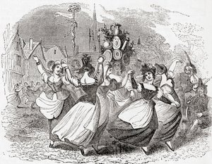 Melkmeisjesdans, met stapel borden, May Day, Engeland, uit Old England: A Pictorial Museum, pub. 1847 door English School