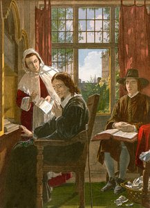 Milton dicteert "Samson Agonistes" (ingekleurde gravure) door English School