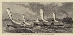 Miniatuurjacht (zeilkano) race in de Solent (gravure) door English School