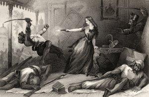 Miss Wheeler die zichzelf verdedigt tegen Sepoys in Cawnpore in 1857, uit 