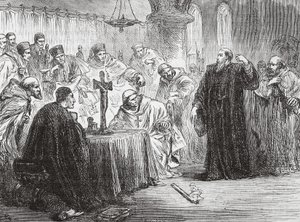 Mollio gooit zijn fakkel neer voor de Inquisitie, illustratie uit De Geschiedenis van het Protestantisme door James Aitken Wylie, gepubliceerd in 1878 door English School