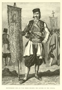 Montenegrijnse Popa in oorlogskleding met de banier van de kerk door English School