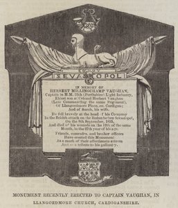 Monument onlangs opgericht voor Kapitein Vaughan, in Llangoedmore Church, Cardiganshire