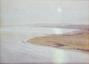 Kustscène bij maanlicht (aquarel op papier)