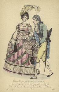 Ochtendkleding voor dames en heren (gekleurde gravure) door English School