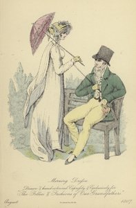 Ochtend- en avondkleding voor dames en heren (gekleurde gravure)