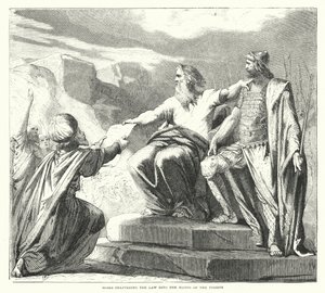 Mozes geeft de wet aan de priesters (gravure) door English School