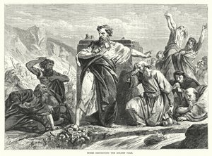 Mozes vernietigt het gouden kalf (gravure)