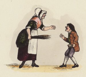 Moeder, of schooljuf, disciplineert een jongen met een hoornboek (gekleurde gravure)