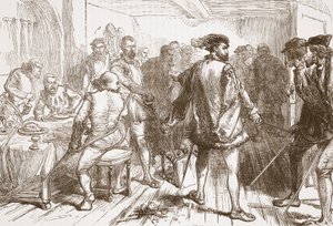 De bende van Moucharis valt de protestanten aan in de herberg in de Faubourg St. Germain, illustratie uit De Geschiedenis van het Protestantisme door James Aitken Wylie, gepubliceerd in 1878 door English School