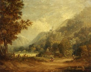 Berglandschap met Kerk en Boerderij door English School