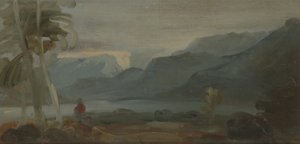 Bergachtig landschap met figuren en vee