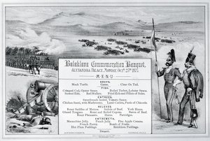 Gemonteerd geïllustreerd menu voor het Balaklava Herdenkingsbanket gehouden in Alexandra Palace, 25 oktober 1875
