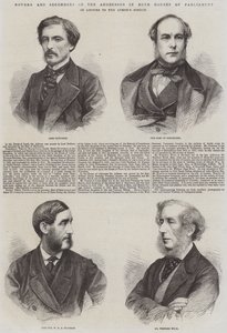 Bewegers en tweedeurs van de toespraken in beide huizen van het parlement, als antwoord op de toespraak van de koningin (gravure) door English School