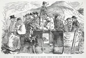 Mr. Briggs, die voelt dat zijn hart in de Hooglanden is, op jacht naar het hert, vertrekt naar het noorden, illustratie uit Punch door English School