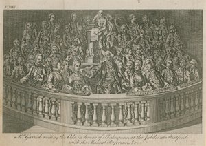 De heer David Garrick reciteert de Ode ter ere van William Shakespeare op het jubileum in Stratford