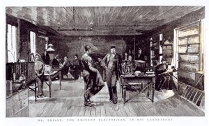 De heer Edison (1847-1931), de eminente elektricien, in zijn laboratorium door English School