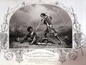 Mr. H. Marston als Hotspur en Mr. F. Robinson als Prins Hendrik, Act V Scene 4 uit Henry IV (Part I) van een daguerreotype door Paine van Islington, uitgegeven door John Tallis & Co. (litho) door English School