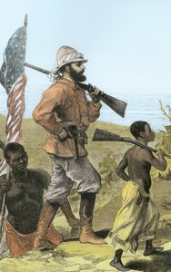 Mr. Henry Morton Stanley (1841-1904) nadert het Tanganyikameer (later ingekleurd) door English School
