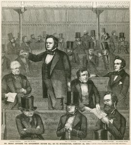 De heer John Bright verzet zich tegen de Hervormingswet van de regering bij de introductie, 28 februari 1859 door English School