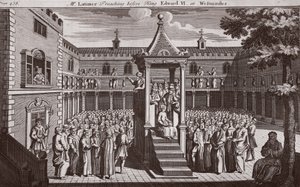 Meneer Latimer predikend voor koning Edward VI in Westminster, illustratie uit Foxes Martelaren ca. 1703