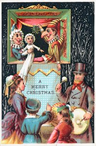 Mr. Punch met maretak, kerstkaart door English School