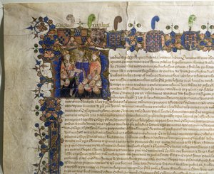 Ms.29410 Geïllustreerde initiaal R met minderjarige kanunniken van de St. Pauls Cathedral, detail van het Koninklijk Handvest van Incorporatie