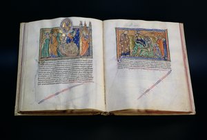 Het beest lastert Gods naam, en de mensen aanbidden het 3e en 2e beest, uit de Gulbenkian Apocalyps, c.1265-70
