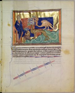 Ms L.A. 139-Lisboa fol.56 St. Johannes de Evangelist kijkt toe hoe kikkers uit de monden van de 3 beesten komen, uit de Gulbenkian Apocalyps, ca. 1265-70