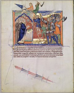 Ms L.A. 139-Lisboa fol.66 De Goddelijke Strijder leidt een leger tegen degenen die de gelovigen aanvallen, uit de Gulbenkian Apocalyps, ca. 1265-70